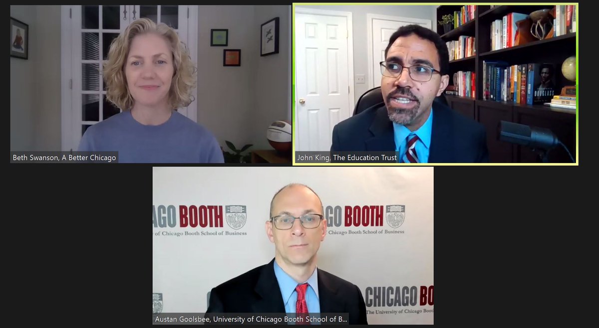 Happening Now: Our CEO & @ChiCityColleges Board Vice Chair @BethSwanson5, @EdTrust's @JohnBKing, & @ChicagoBooth's @Austan_Goolsbee talking Black student achievement and economic success. #EducationEquity #OpportunityGap