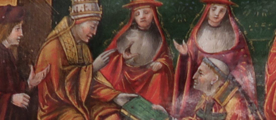 There's a whole 15th c cultural trope of exchange, honour culture, and gifting being depicted here - Baxandall would suggest looking at the cardinals' hands too! But reconciling the image with the preface it precedes won't be easy; I'm nowhere near the end of this analysis -BT