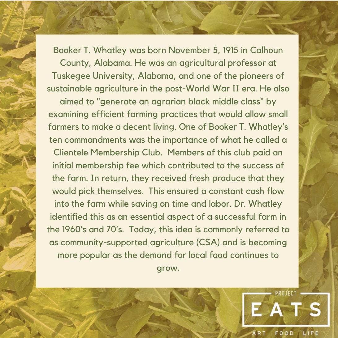 ProjectEATS's tweet photo. Through pursuit of an agrarian black middle class, Dr. Booker T. Whatley developed viable strategies for small farmers, including the Community Supported Agriculture (CSA) and pick-your-own(PYO) models.  

#csa #urbanfarming #blackhistorymonth https://t.co/wmoAbGK9UW