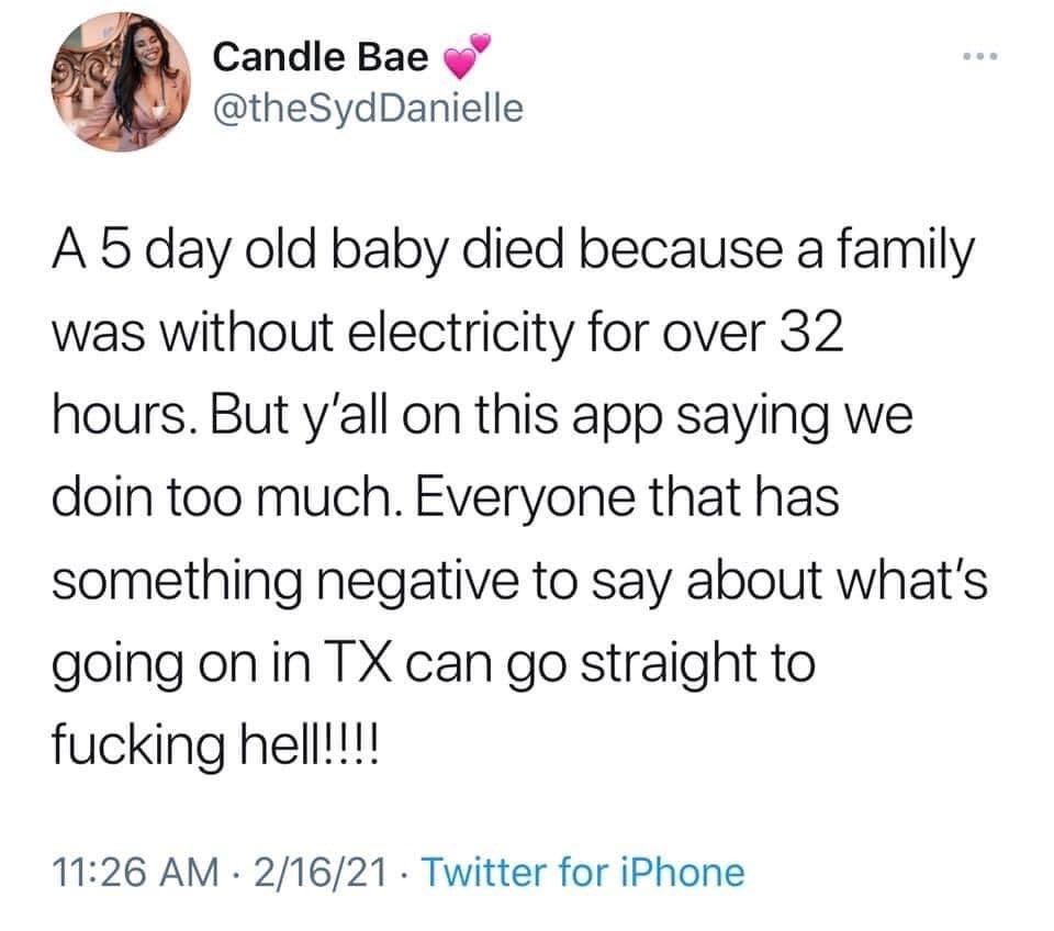 CuteKhajitten's tweet photo. This mentality is really starting to piss me off. Added the original picture my friend posted and her friends response... #TexasWinterStorm2021 #texaspoweroutage #TexasStorm2021 #TexasFAIL https://t.co/WZGpiEKeOp