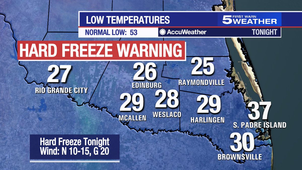 KRGV_Weather's tweet photo. {5:00PM Thursday} ***A Hard Freeze Warning for the Valley from midnight tonight to 9AM Friday. Lows will reach the mid to upper 20s throughout much of the Valley overnight.  Please continue to protect the plants, pets, and pipes, and drip your faucets overnight.  #RGVWX #TXWX https://t.co/XNPiTgIhyj