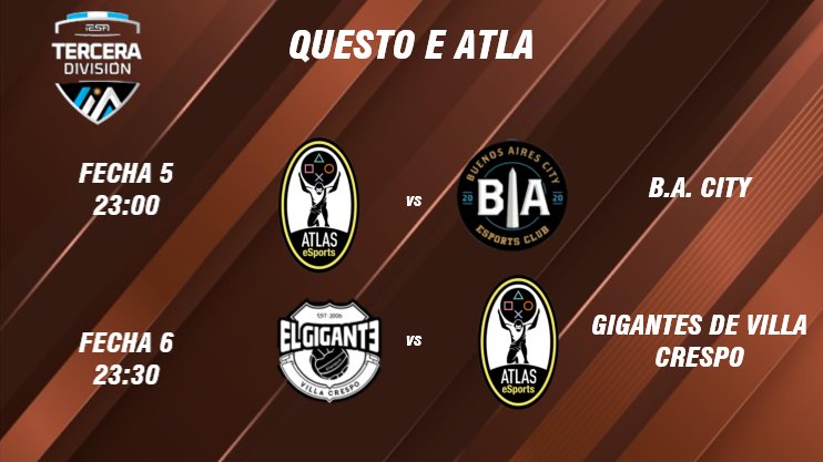 ¡Volvemos por liga!
Por la fecha 5 y 6 de la Tercera División de <a href="/IESAFIFAar/">IESA Argentina</a> nos cruzaremos a dos grandes equipos.
A dejar todo celeste querido👊🏽
#DaleAtlas💪🏽💙