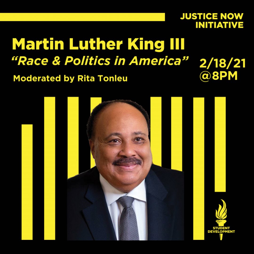 usguconn's tweet photo. Tonight at 8, Martin Luther King III; "Race &amp; Politics in America". 

Join us for our last Justice Now speaker here: https://t.co/7unnhV5TMn https://t.co/v1Lj19uJmp
