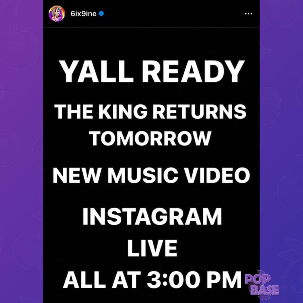 PopBase's tweet photo. 6ix9ine announces return with new music video tomorrow. https://t.co/64i6k5XSd6