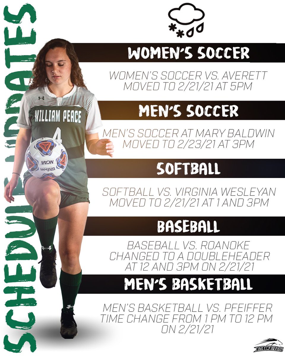 SCHEDULE UPDATES ➡️ Due to inclement weather, WPU athletics has made several changes to the schedule this weekend. Keep up with all schedule changes at GoPeacePacers.com!