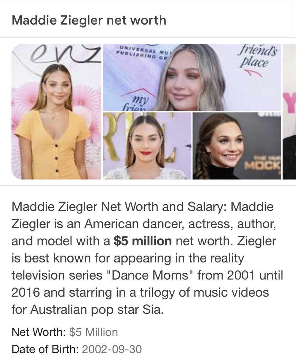 maddie Ziegler is a wealthy, neurotypical, white, young, woman. She’ll be fine. Even if she never worked in the industry again, she’s made her millions she could retire now & never have to work another day in her life. She’ll be fine. Also she’s 18 now and she could address it