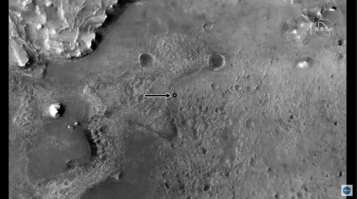 michaelbaylor's tweet photo. Here is where @NASAPersevere landed at Jezero Crater. As you can see in the second image, the Terrain Relative Navigation system managed to find a flat spot amongst very rough terrain. https://t.co/DWTB0OB6R5