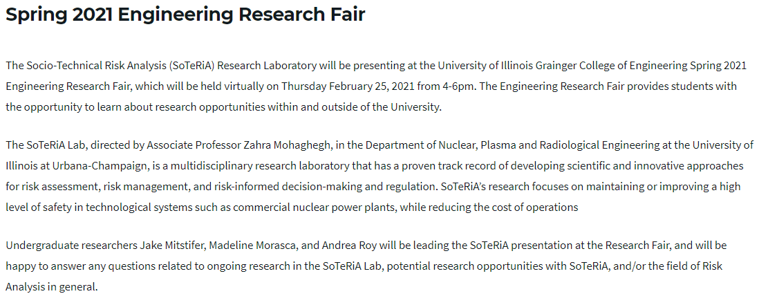 SoTeRiALab's tweet photo. The SoTeRiA Research Laboratory will be presenting at the UIUC Grainger College of Engineering Spring 2021 Engineering Research Fair, which will be held virtually on Thursday February 25, 2021 from 4-6pm. To find out more, visit https://t.co/wXJsX3WKlq. Hope to see you there! https://t.co/lU39vvLftI