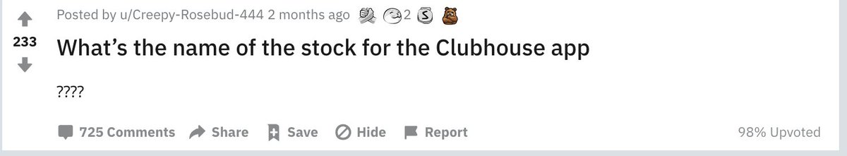 Check this Reddit thread. Over 700 replies of individuals asking where they can invest in Clubhouse stock (still doesn't exist).. https://www.reddit.com/r/ClubhouseApp/comments/k2xf3f/whats_the_name_of_the_stock_for_the_clubhouse_app/