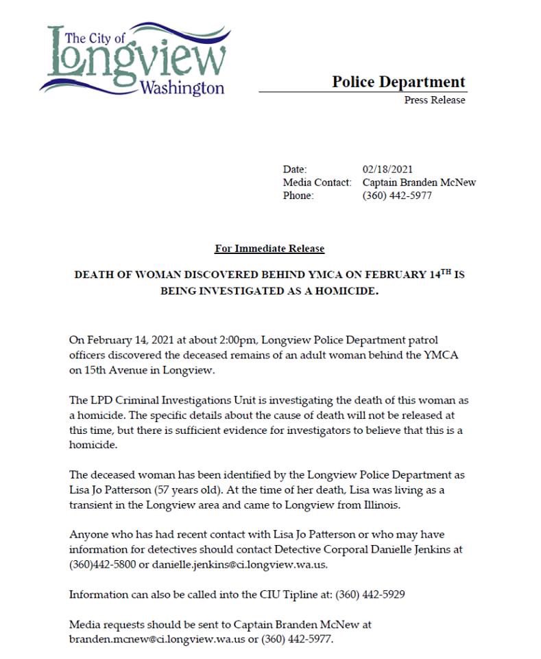 LongviewPD's tweet image. LPD DETECTIVES ARE INVESTIGATING FEBRUARY 14TH HOMICIDE
Detectives want to speak with anyone that has seen or had contact with this woman, Lisa Jo Patterson (57 years old), in the last few months.