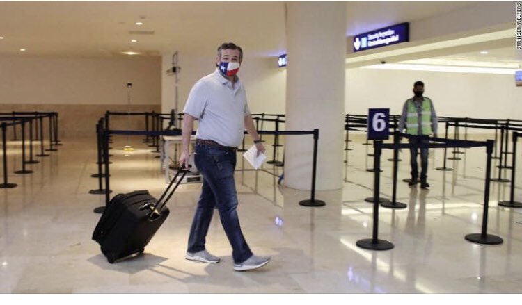 ScottImmordino's tweet photo. Sen. Ted Cruz (R) Texas upon his return from Cancun, MX and I’ll paraphrase:  “ Uhhh....my daughter made me go.” C’mon man! Who’s the adult? The epitome of a bad liar! https://t.co/EAJ07bTPPw