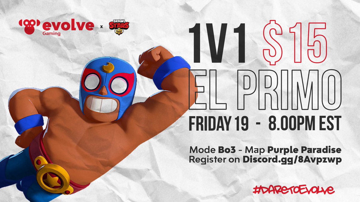 _EvolveGG's tweet image. #BrawlStars 1v1 El Primo only Tournament (NA)🏆 $15 prize pool💵 Starts this friday 8.00pm est. Register here discord.gg/4nyyZ5j 👈🏻 #DARETOEVOLVE