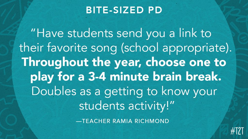 teacher2teacher's tweet photo. When her Ss need a "brain break," T @MsRichmond227 invites them to share their favorite song with the classroom! #TeacherTwitter #BiteSizedPD #InstantPD https://t.co/oopmh1IwJ6