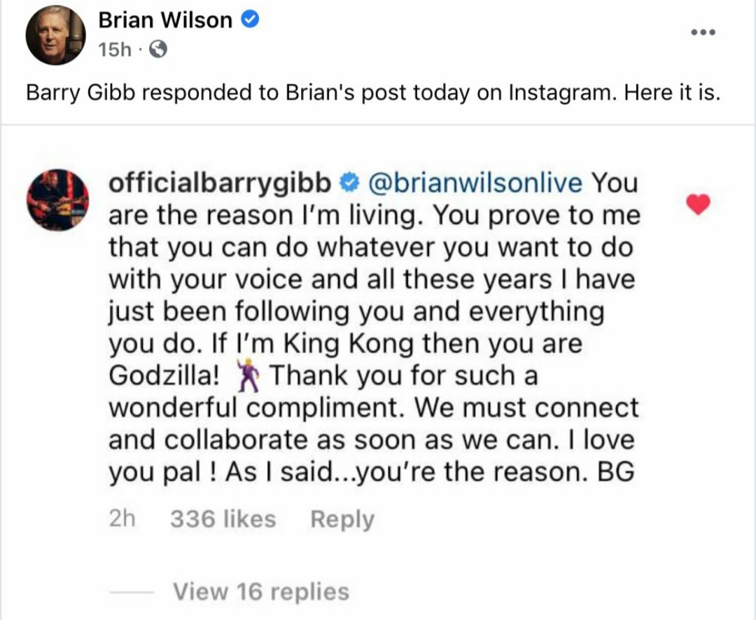 JAMMYDODGER10's tweet photo. Barry Gibb responds to Brian Wilson. Now this would be a legendary collaboration! 
@GibbBarry @BeeGees @BrianWilsonLive https://t.co/Mrnvm7X7Ju