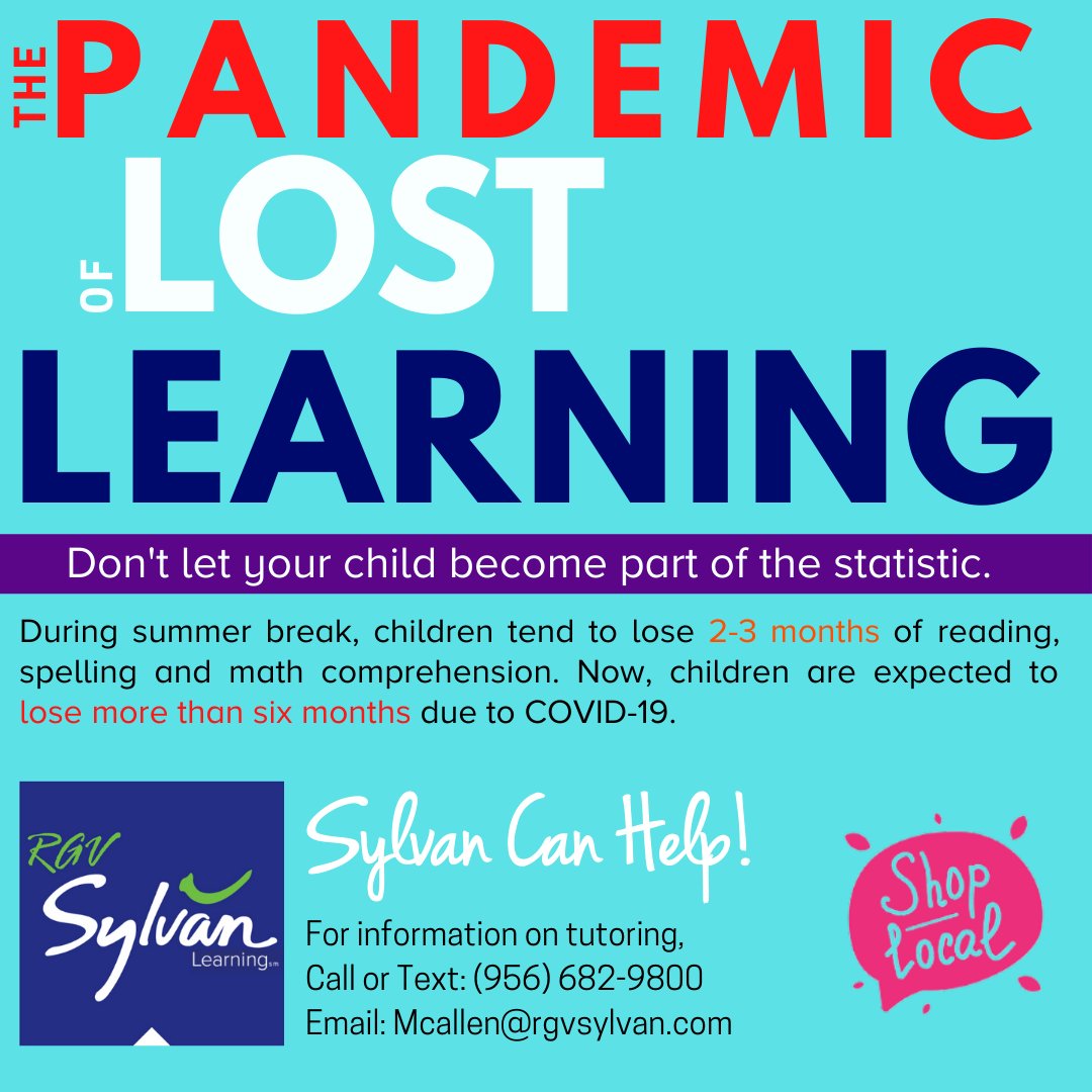 RGVSylvan's tweet photo. Learning Loss is real and happening. Students are on the verge of losing more than 6 months of math, reading,  spelling and  comprehension. Don't let your child become part of the statistic. Sylvan Learning is offering in-center and virtual tutoring Valley-wide!
#learningloss https://t.co/Di1dNhgzLP