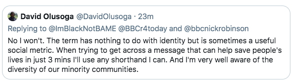 ImBlackNotBAME's tweet photo. He blocked me because I asked him to respect Black, Asian and other ethnicities by refraining from using the "BAME" acronym. This is what @DavidOlusoga said. He's a fellow Nigerian and I am saddened by his inability to engage in a simple conversation with me about it. https://t.co/klEOFg5Bxf