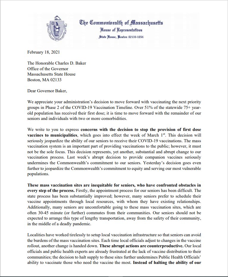 RepAdamScanlon's tweet image. Local Officials have worked tirelessly to vaccinate our seniors. The State's decision to halt supply to local vaccine clinics is appalling. The mass vax sites are not for everyone; seniors need these clinics!

Thank you to the over 40 Legislators who signed on in support!
#mapoli