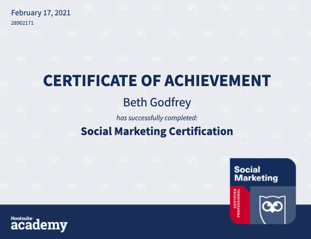 bethgodfrey23's tweet photo. Do you #KnowYourSocial? I do! I have earned my first certificate in Social Marketing from Hootsuite Academy  @hootsuite 🤩 

Find the course on https://t.co/OKEUB7M0Q2 @trainingmatches #elevateyoursocial #marketingtrainee https://t.co/WdSBQL7jz1