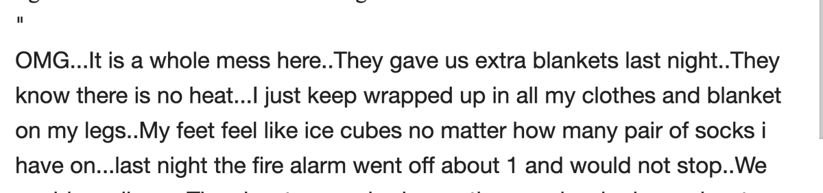 More than 1,000 women at Carswell prison STILL have no heat. This is the 5th day of below freezing temperatures in Fort Worth. "My feet feel like ice cubes no matter how many pair of socks," one woman said in a message. star-telegram.com/news/local/for…