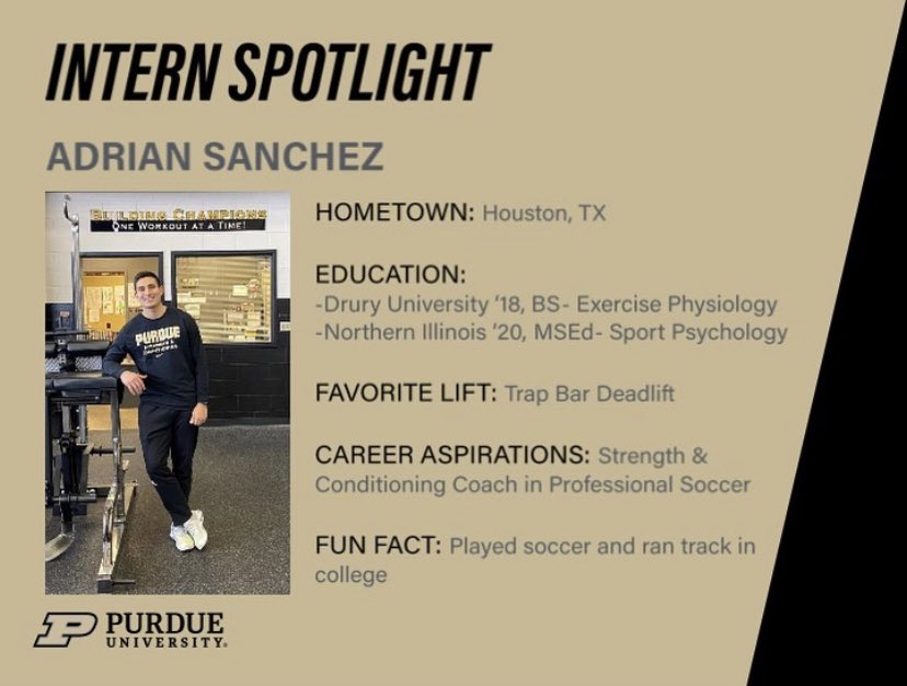 BoilerPower's tweet photo. Introducing Adrian Sanchez for our 3rd and final intern spotlight! He is currently helping with GPS data for soccer as well as assisting with track and swim/dive! #PurdueStrengthAndConditioning https://t.co/7vxuJjI549