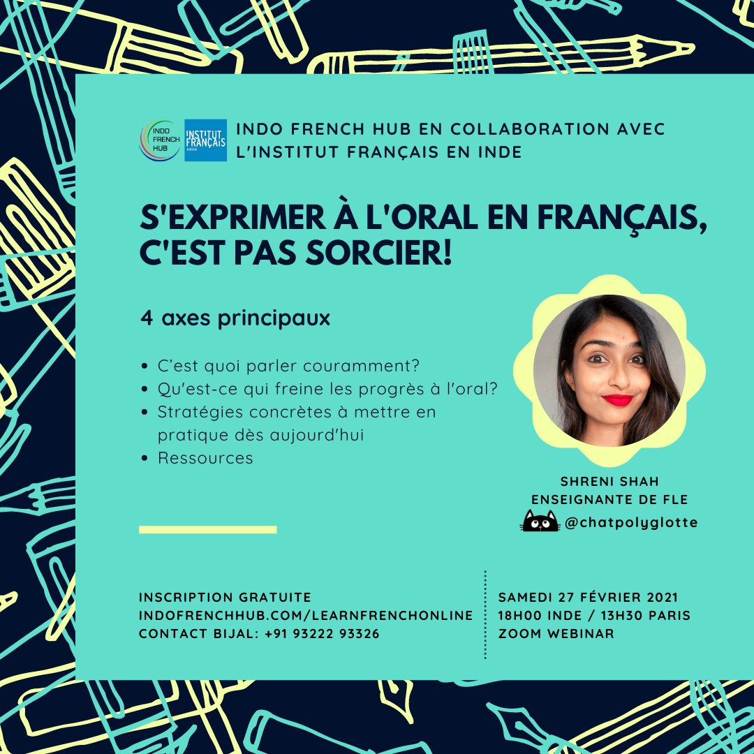 Indo French Hub en collaboration avec l'Institut Français en Inde

s'exprimer à l'oral en français, c'est pas sorcier!

Shreni SHAH | <a href="/chatpolyglotte/">Chatpolyglotte</a>
Enseignante de FLE

Samedi 27 février 2021  | 18h Inde | 13h30 Paris