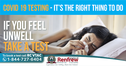 RenfrewCounty's tweet photo. Feeling unwell?🤧Contact @rcvtac to book a COVID-19 test #RCVTAC
☎️1-844-727-6404 https://t.co/i62UAiUIyG