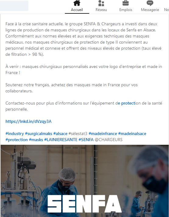chris28623042's tweet photo. À venir : #masques chirurgicaux personnalisés avec votre logo d’entreprise et made in France ! 🧐
#CHARGEURS #CRI $CRI #industry #surgicalmaks #alsace #sélestat3 #madeinfrance #madeinalsace #protection #masks #LAINIERESANTE #SENFA @groupechargeurs 👇 https://t.co/ocxazJ3swN