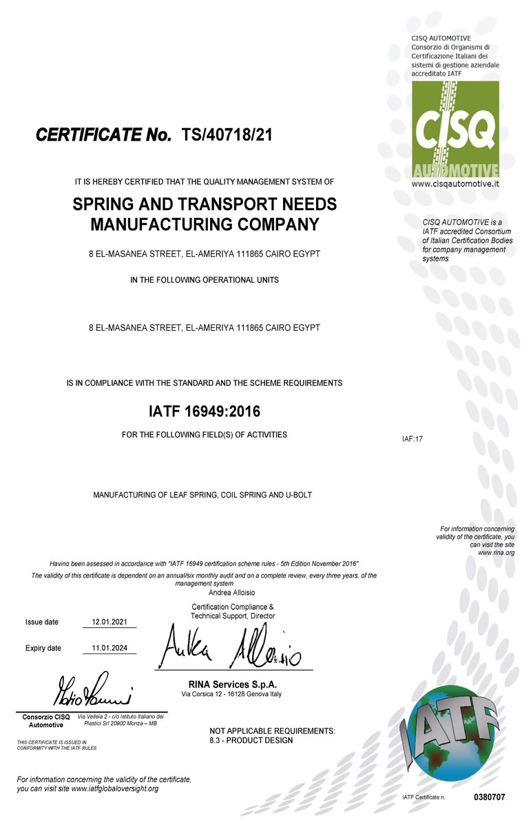 NearEastService's tweet image. We are delighted to congratulate our client SPRING AND TRANSPORT NEEDS
MANUFACTURING COMPANY for successfully obtaining the International Standard for Automotive Quality Management System Certificate IATF 16949:2016, 
#NES #CISQ #IATF #certificate #automotivemanufacturing