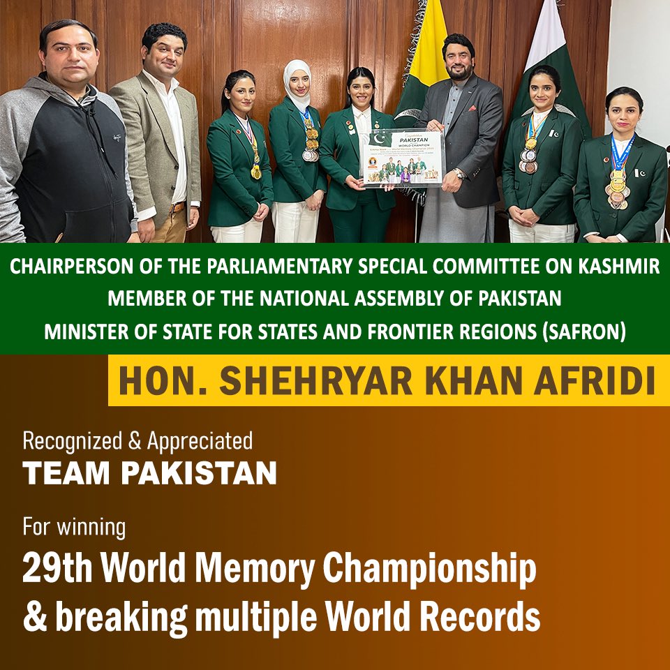 FuturisticLearn's tweet photo. Team Pakistan invited by Honorable Shehryar Khan Afridi, Minister of State for States & Frontier Regions (SAFRON), Chairperson Parliamentary Special Committee on Kashmir and Member of National Assembly of Pakistan.
#IHMDI #COFW #FLNow #GoldMedalist #Champion #Pakistan https://t.co/8HxyLC81vf
