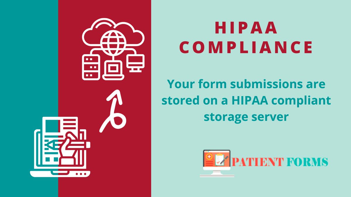WebPatientForms's tweet image. Your form submissions are stored on a HIPAA compliant storage server!
Abiding to the Health Insurance Portability and Accountability Act of 1996. 
#onlineforms #webforms #patientforms #medicaldocumentation #HIPAAcompliance