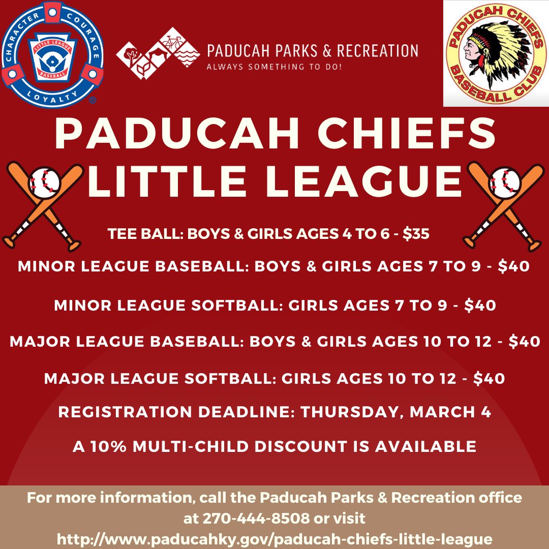 PaducahParks's tweet image. The deadline to register for the Paducah Chiefs Little League is two weeks from today on Thursday, March 4! Make sure to sign your little one up for Little League. paducahky.gov/paducah-chiefs….