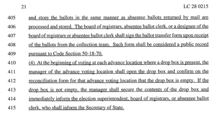 Drop boxes: allowed at early voting sites, only open during early voting hours, and close once early voting closes.Also requires constant supervision by election official/poll worker/security/law enforcement.