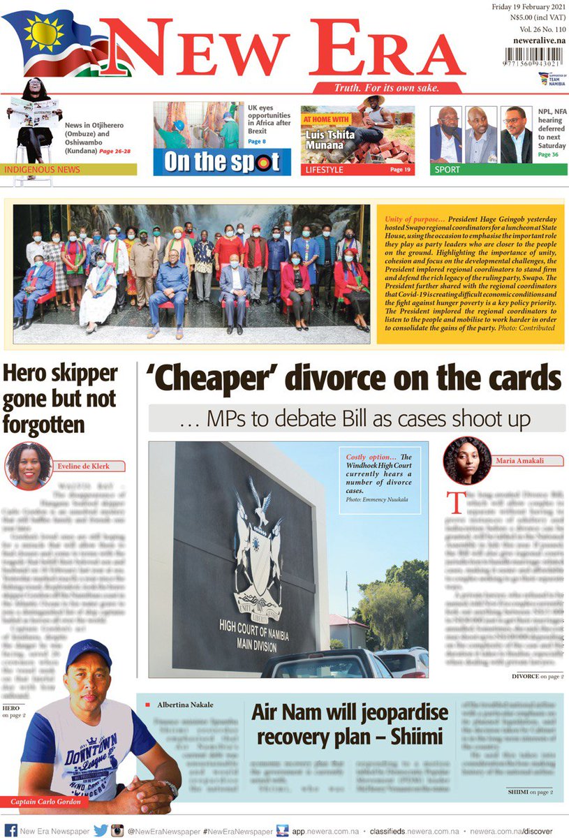 Your weekend read.
#DivorceBill
#CaptainMyCaptain
#AirNamibia