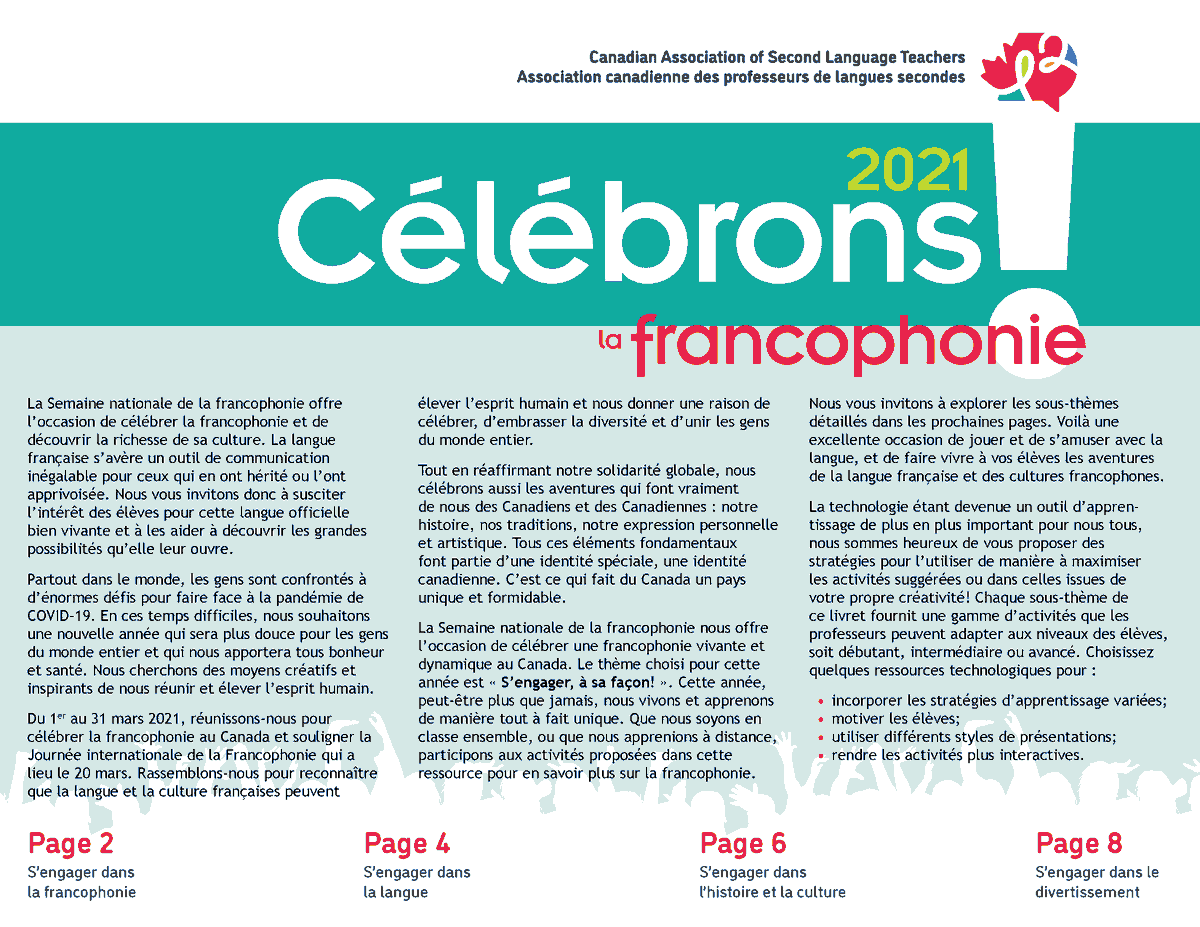 CASLT_ACPLS's tweet photo. Now available: the 2021 edition of Célébrons la francophonie!, a resource for our members aimed at giving teachers new ideas to explore &amp; celebrate #Francophone culture.

Download it now to start planning your activities: https://t.co/Nz8khyPGao #fsl #fls https://t.co/HEDGX0SdU4