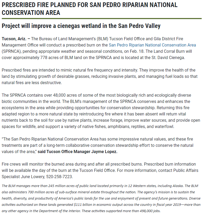 CCFirenIncident's tweet photo. Per #BLMAz: #PRESCRIBEDFIRE PLANNED FOR #SANPEDRORIPARIANNATIONALCONSERVATION AREA
Project will improve a cienegas wetland in the San Pedro Valley.Public Affairs Specialist June Lowery,520-258-7223.
https://t.co/kb7P5qzpSc . https://t.co/hFEuVVoPOw #RxBurn #Smoke #CochiseCounty https://t.co/JNUlFYUVNT