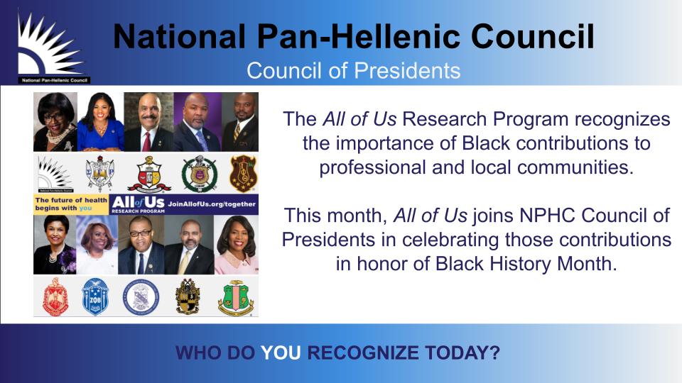 dstinc1913's tweet photo. The @AllofUsResearch Program recognizes the importance of Black contributions to professional and local communities.
In honor of Black History Month, All of Us joins @dstinc1913 & @DREF_AllOfUs in celebrating contributions from our team!
#DST1913 #DREF1967 #JoinAllofUs https://t.co/v966LYIVAb