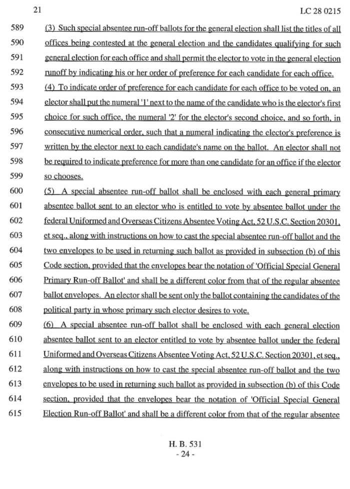 Instant runoff ranked-choice voting for UOCAVA voters, although it looks like it gets rid of electronic ballots.
