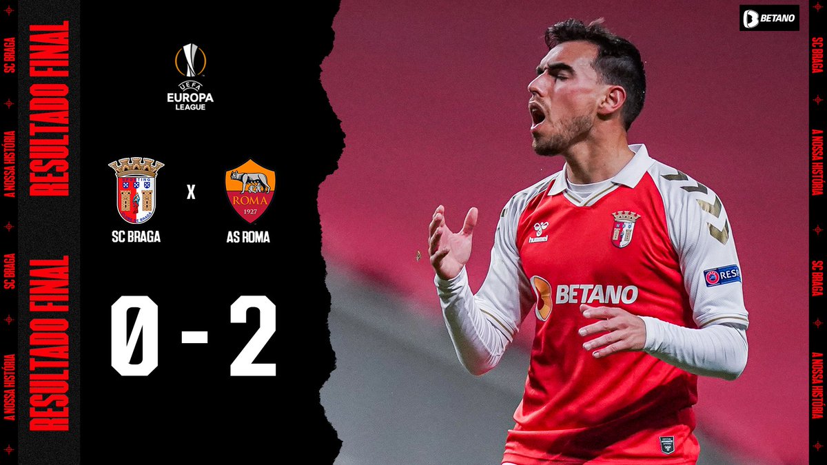 SCBragaOficial's tweet photo. 🛎 | APITO FINAL - FULL TIME
Final da partida na Pedreira: resultado infeliz mas a eliminatória vai a meio e ainda vamos a Roma! 🇲🇨
#UEL | #SCBASR | 0-2 | #ANOSSAHISTORIA | https://t.co/v3ydZe8f01