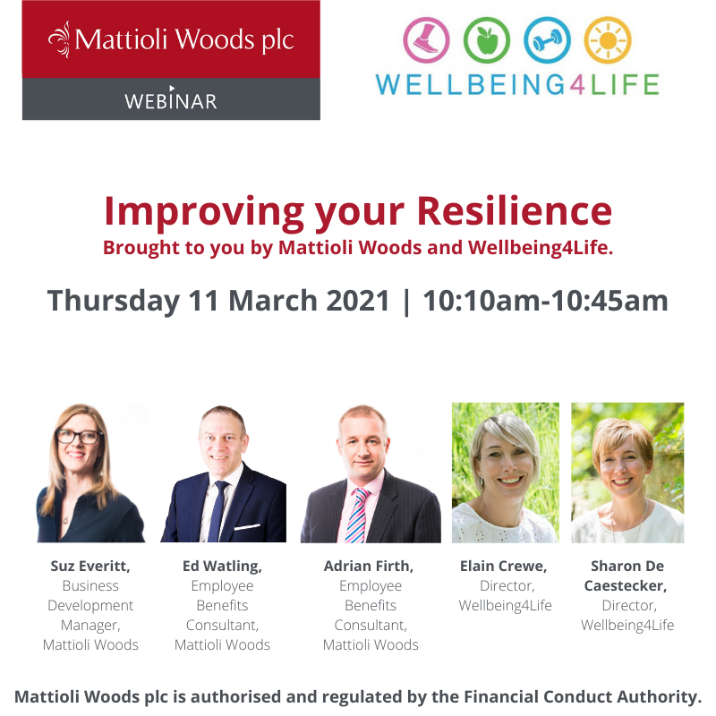 Join Mattioli Woods and Wellbeing4Life for our next online event 'Improving your Resilience' taking place on Thursday 11 March. 

To reserve your seat, click here: bigmarker.com/mattioli-woods…

#employeebenefits #employeewellbeing