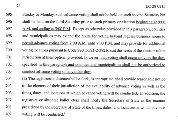 Wow - this section would disallow counties from adding extra weekend early voting hours, and require 9A-5P (with the ability to extend to 7A-7P if needed)That makes it harder for people that don't have job flexibility, large metro counties+nonwhite voters...