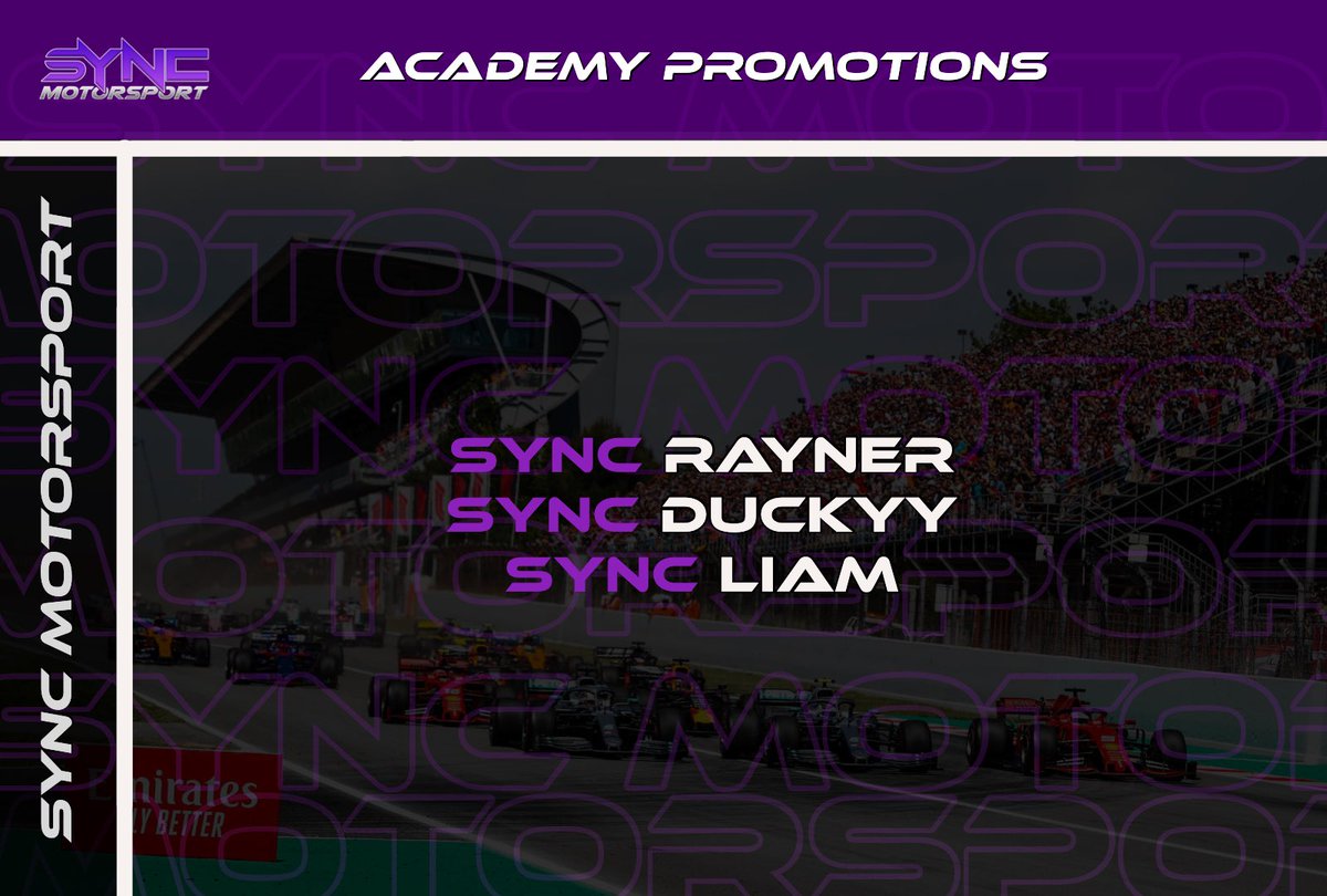 ‼️ Promotions ‼️

After restarting the academy when we opened Sync motorsport back up we have been working hard width our guys!

And we have seen it pay off massively, 3 of our academy boys have this week made the step up! Congratulations too @SyncRayner @AlexMitc_Ducky and Liam!