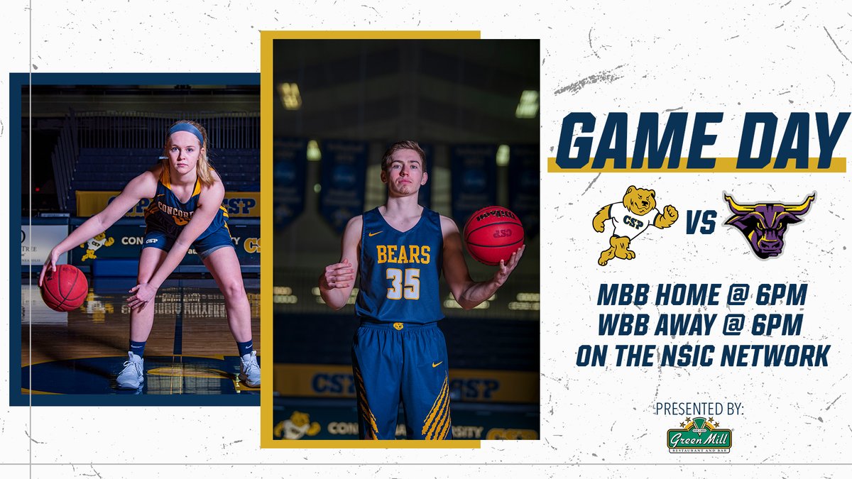 Concordia St. Paul (@cspbears) on Twitter photo GAME DAY vs MSU - Mankato! 🔥
🏀<a href="/CSPBearsMBB/">CSP Men's Basketball</a> Home @ 6PM
🐻<a href="/CSPBearsWBB/">CSP Golden Bears WBB</a> Away @ 6PM
💻WATCH on the NSIC Network
Presented by <a href="/GreenMill/">Green Mill</a>
#BeGolden #WeAreCSP GAME DAY vs MSU - Mankato! 🔥
🏀<a href="/CSPBearsMBB/">CSP Men's Basketball</a> Home @ 6PM
🐻<a href="/CSPBearsWBB/">CSP Golden Bears WBB</a> Away @ 6PM
💻WATCH on the NSIC Network
Presented by <a href="/GreenMill/">Green Mill</a>
#BeGolden #WeAreCSP