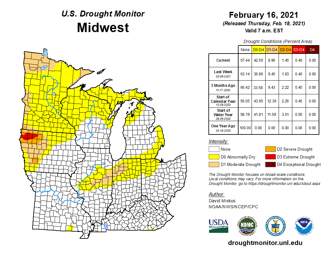 NOAANCEI's tweet photo. February 16: In the western Great Lakes region, abnormal dryness expanded in northern Wisconsin and northern Michigan. https://t.co/hs7rCpQMsY #DroughtMonitor #WIwx #MIwx #ILwx #INwx #KYwx #WIdrought #MIdrought #ILdrought #INdrought https://t.co/xGeYZzbFxT