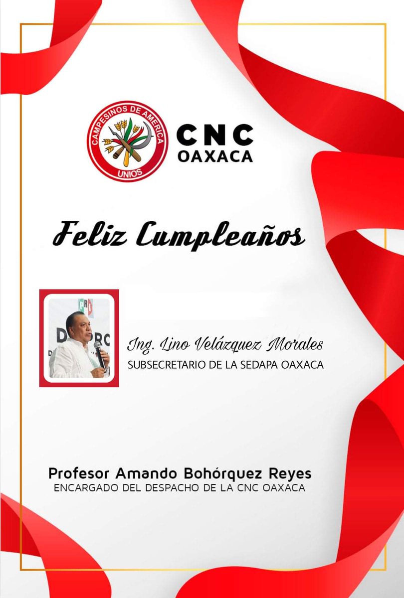 CNC Oaxaca (@cncoaxaca_) on Twitter photo #CNC #Oaxaca Felicita al Ing. <a href="/LinoVelazquez/">Lino Velazquez Morales</a> Subsecretario de la @Sedapa_GobOax <a href="/GobOax/">Gobierno de Oaxaca</a> con motivo de su cumpleaños felicidades. <a href="/AmandoBohrquez3/">Amando Bohórquez</a> #CNC #Oaxaca Felicita al Ing. <a href="/LinoVelazquez/">Lino Velazquez Morales</a> Subsecretario de la @Sedapa_GobOax <a href="/GobOax/">Gobierno de Oaxaca</a> con motivo de su cumpleaños felicidades. <a href="/AmandoBohrquez3/">Amando Bohórquez</a>