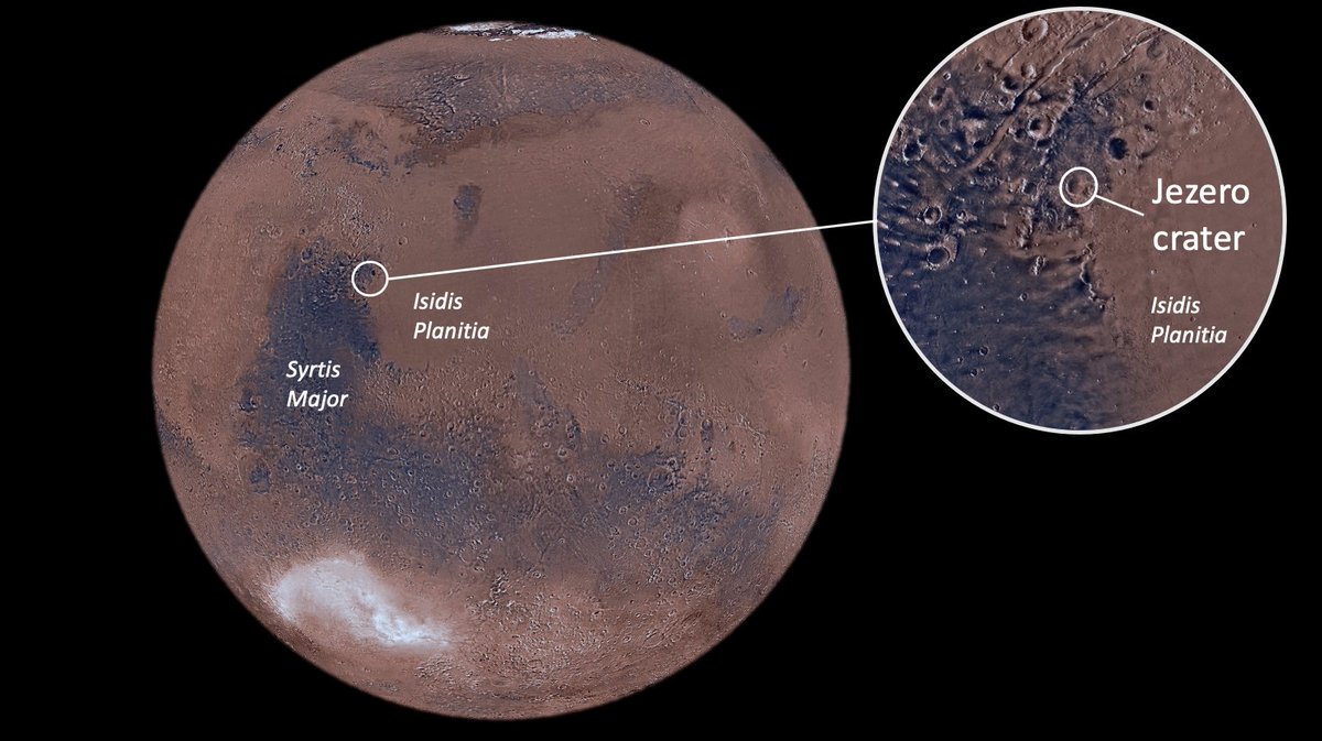 #Perseverance aracı 1 saat kadar sonra #Jezero kraterine iniş yapacak. Peki bu krater tam olarak nerede? Gelin adım adım öğrenelim. Krater, Isidis Planitia adı verilen bir ovanın içerisinde. Bu ova, günümüzden 3.9 milyar yıl önce oluştu ve Mars yüzeyinde oluşan son ova.