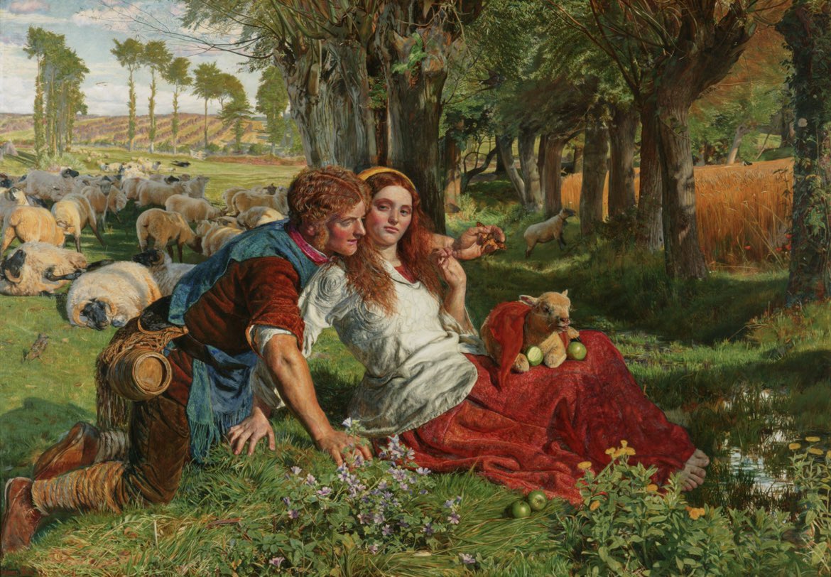 2/5 The Hireling Shepherd by William Holman Hunt. Painted in 1851 it depicts a shepherd neglecting his flock in pursuit of a young woman. It can be seen in  @mcrartgallery The artist intended it to represent theological debates of the time in the Church.