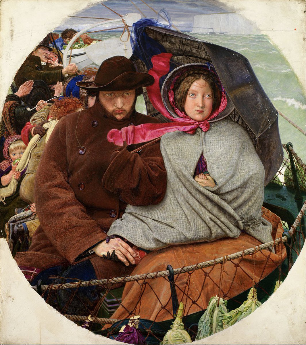 3/5 The Last of England by Ford Maddox Brown painted in 1855. It depicts a family emigrating to Australia. The models were the artist and his wife. The painting is in  @BM_AG. If you look closely you can see a child’s hand under the woman’s cloak.