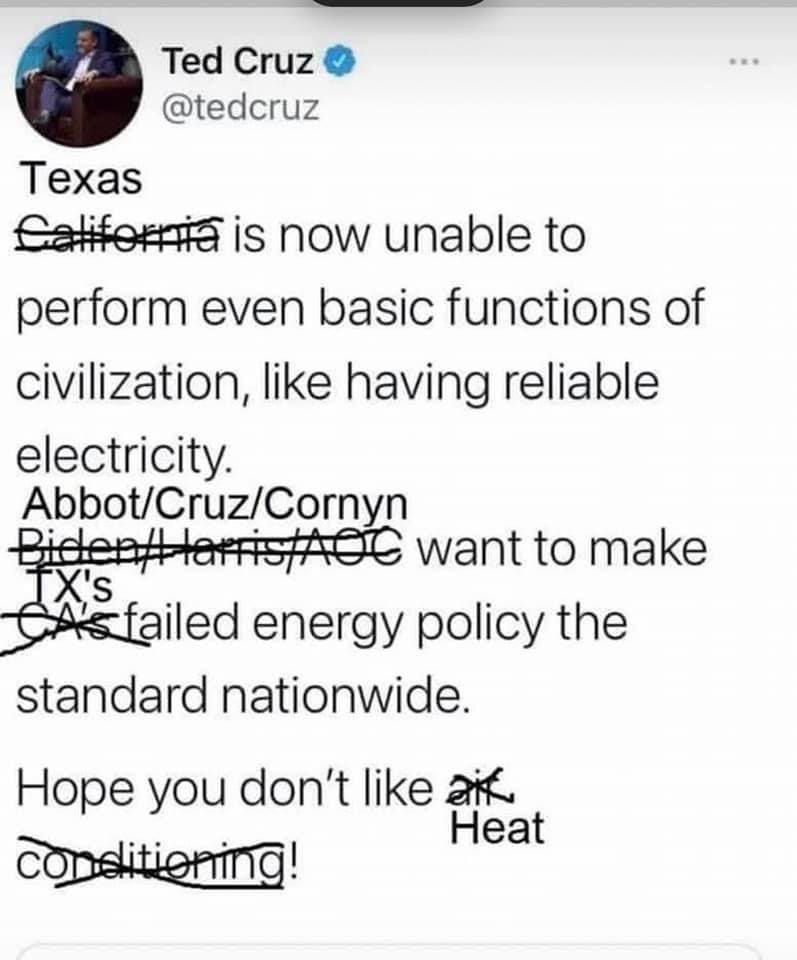 IndivisibleTX12's tweet photo. @tedcruz 80% of energy in TX is from nonrenewable energy Ted, so you can stop with the lie about renewables being to blame for this mess. Hope you enjoyed Cancun while your constituents suffered. #CancunCruz https://t.co/19hs0tme0V