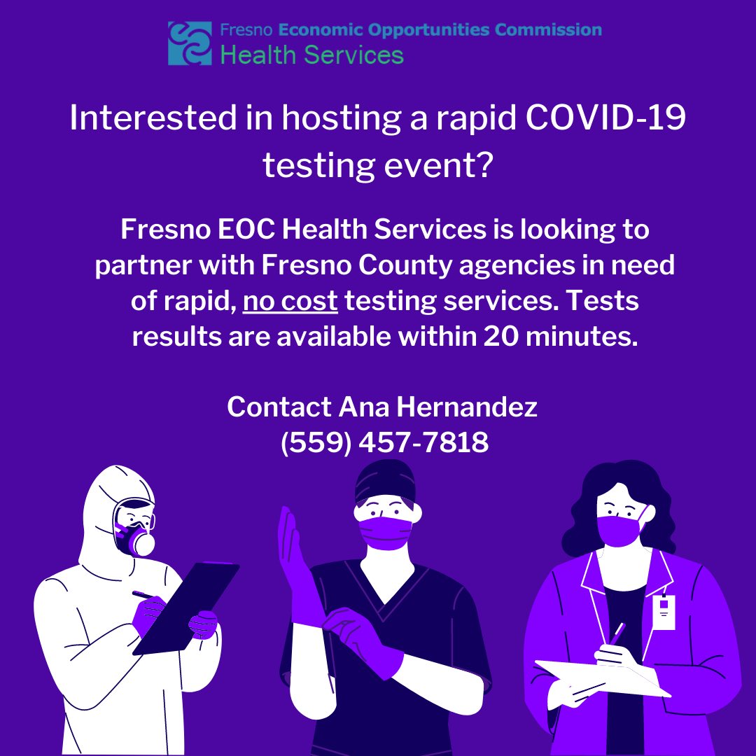 EOCHealth's tweet photo. Exciting opportunity! Looking for Fresno County agencies in need of rapid COVID testing. https://t.co/SQrbeymiWV