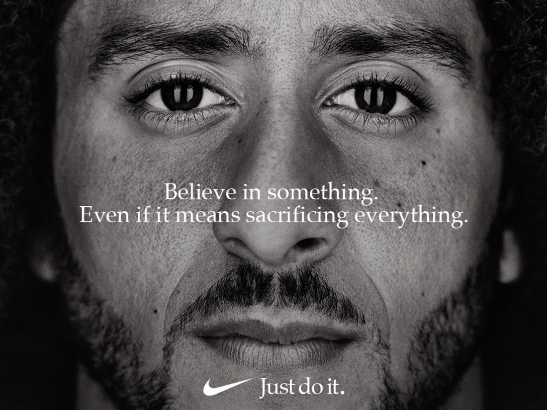 DKubeny's tweet photo. I saw this ad for #Nike in another class of mine, and I thought it was a great quote image. Everyone can immediately identify #CollinKaepernick in the image and know exactly how the quote relates to his unique story. #GreatExample #RSJ108 @BednarskiACE https://t.co/KuEdB9r6WT